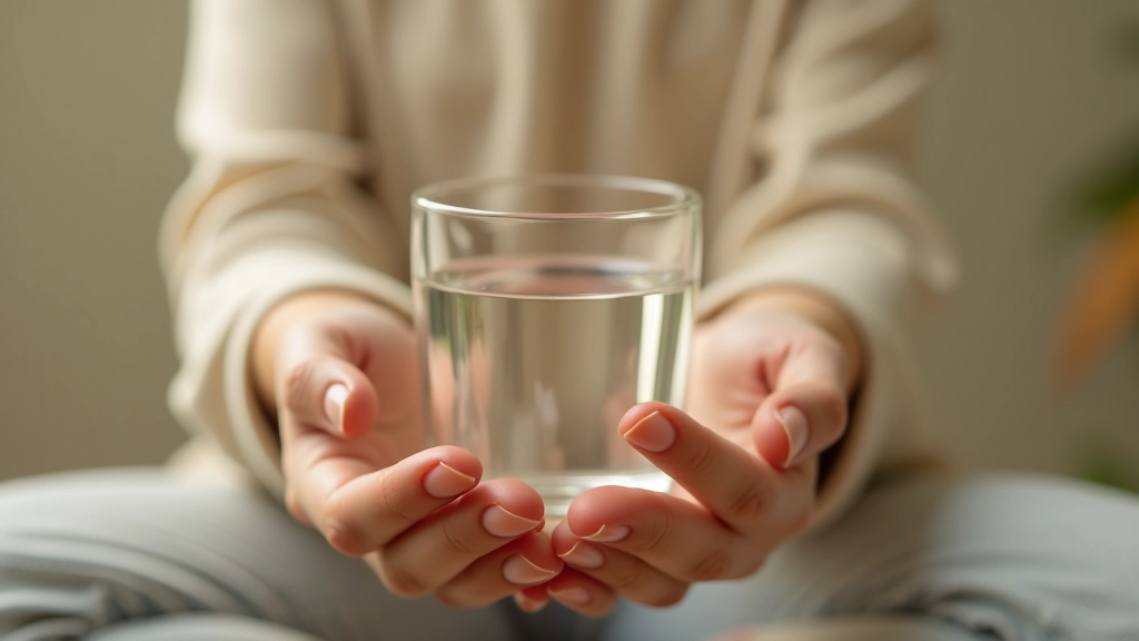 Nahaufnahme von Händen, die langsam ein Glas Wasser halten während einer Achtsamkeitsübung