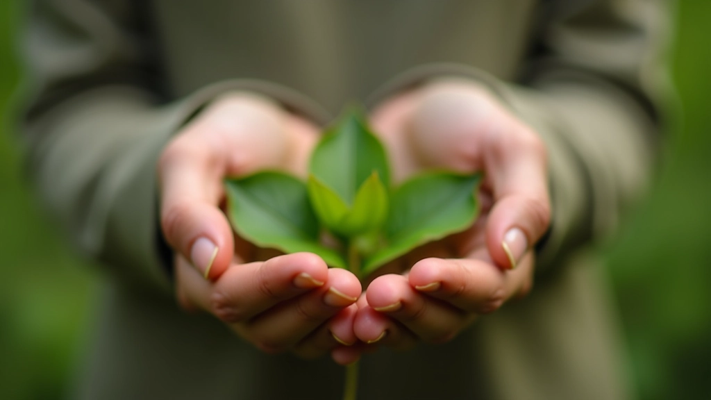 Detailaufnahme von Händen, die auf einer Meditation auf einem grünen Blatt ruhen, Erdungstechnik