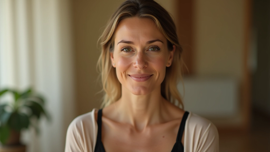 Meditationslehrerin mit Expertise in Erdungstechniken, Porträt Oberkörper, ruhiger Ausdruck