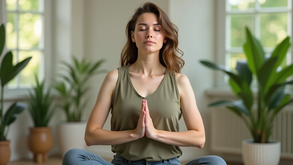Person führt Atemübung durch, sitzt in ruhiger Umgebung mit Pflanzen, natürliches Licht