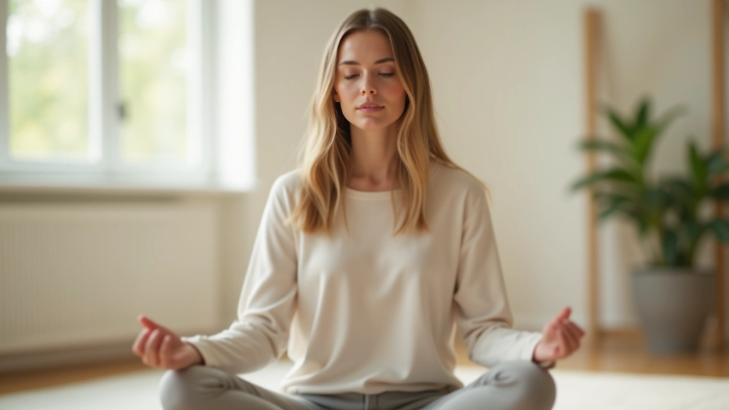 Ruhige Frau in Meditationshaltung, natürliches Licht durch Fenster, entspannte Atmosphäre