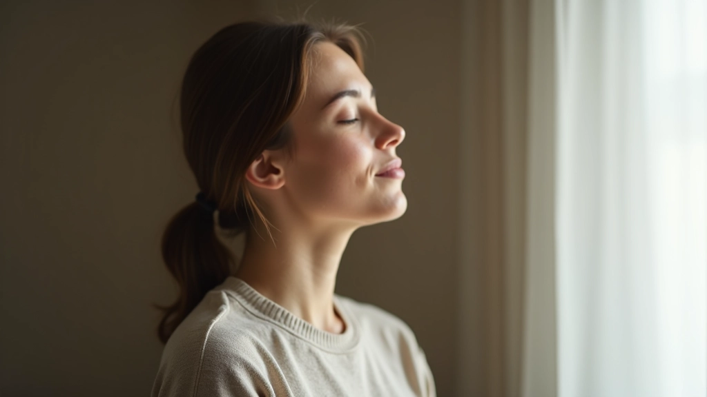 Seitenansicht einer Frau mit geschlossenen Augen, die langsam ausatmet, entspannte Gesichtsmuskulatur